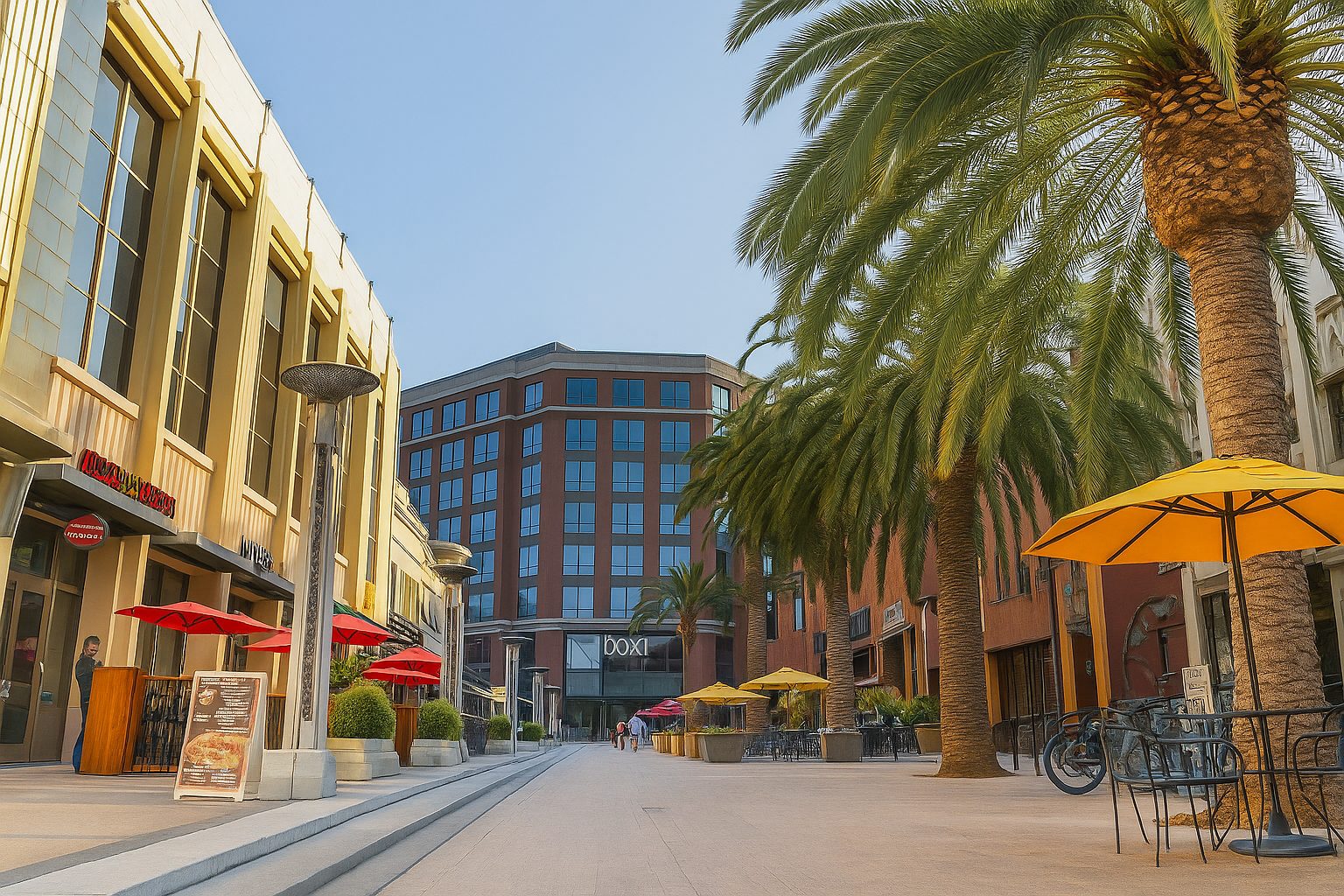 Downtown Redwood City’s pedestrian dining district on a sunny day with a clear blue sky. The scene features palm trees, colorful red and yellow umbrellas shading outdoor tables, and modern Art Deco buildings housing restaurants like Pizza My Heart. In the distance is the glass-fronted Box building, with people strolling along the clean, lively walkway