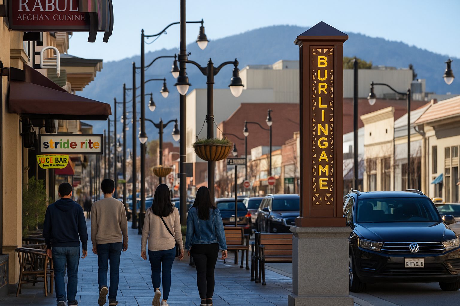 Downtown Burlingame street scene featuring the prominent vertical BURLINGAME sign, lined with decorative street lamps and shop signs. Three people are walking away from the camera along the wide sidewalk, with parked cars, benches, and distant hills visible in the background on a sunny day.