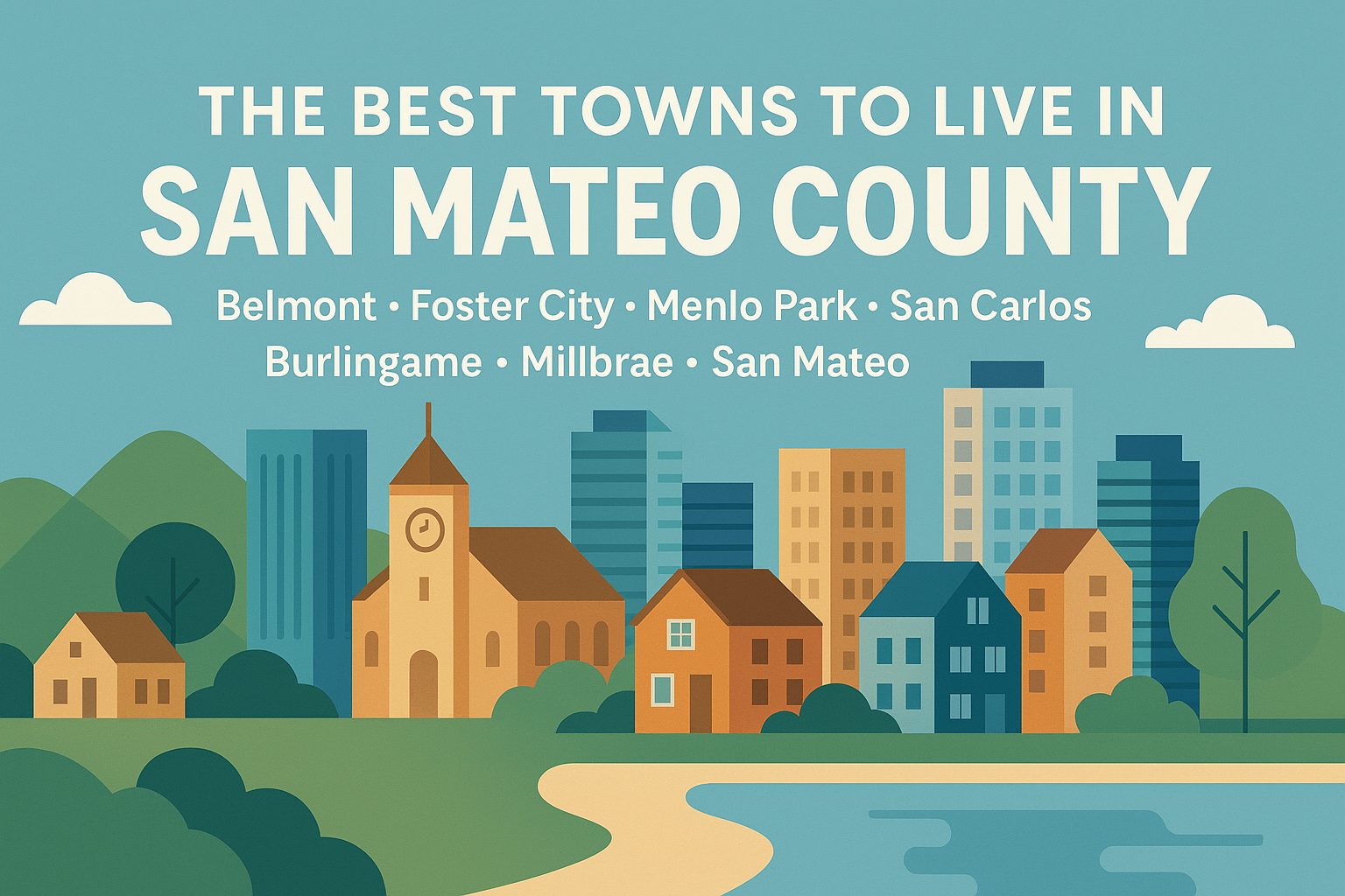 Illustrated banner highlighting the best towns to live in San Mateo County, including San Mateo, Foster City, San Carlos, Belmont, Millbrae, Redwood City, and Menlo Park.