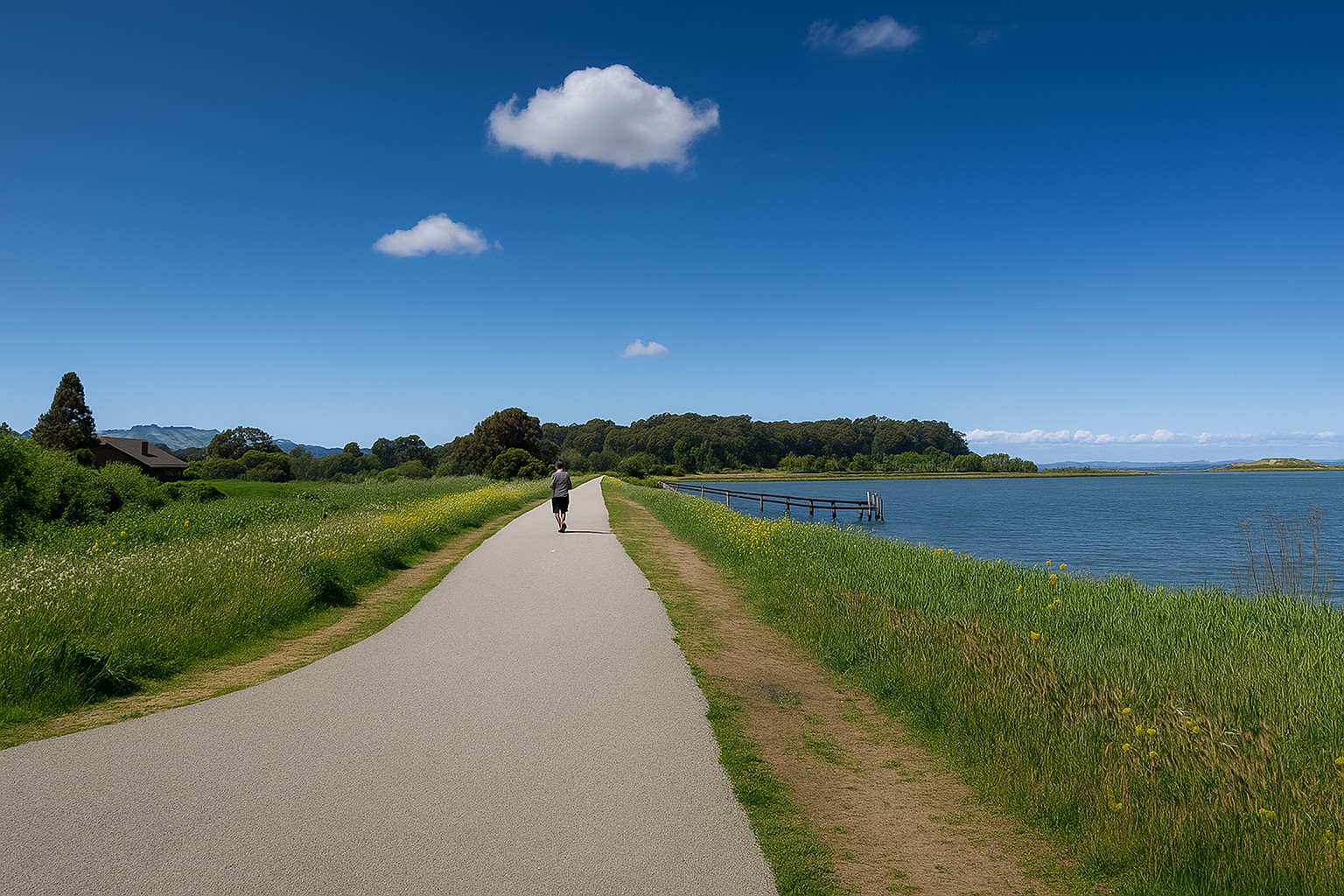 Scenic walking path along the shoreline near North Shoreview in San Mateo, with open water, green fields, and clear skies.