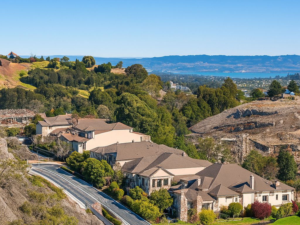 Hillside view of homes near Sterling Downs in Belmont, with tree-lined streets and scenic Bay Area landscape in the distance.