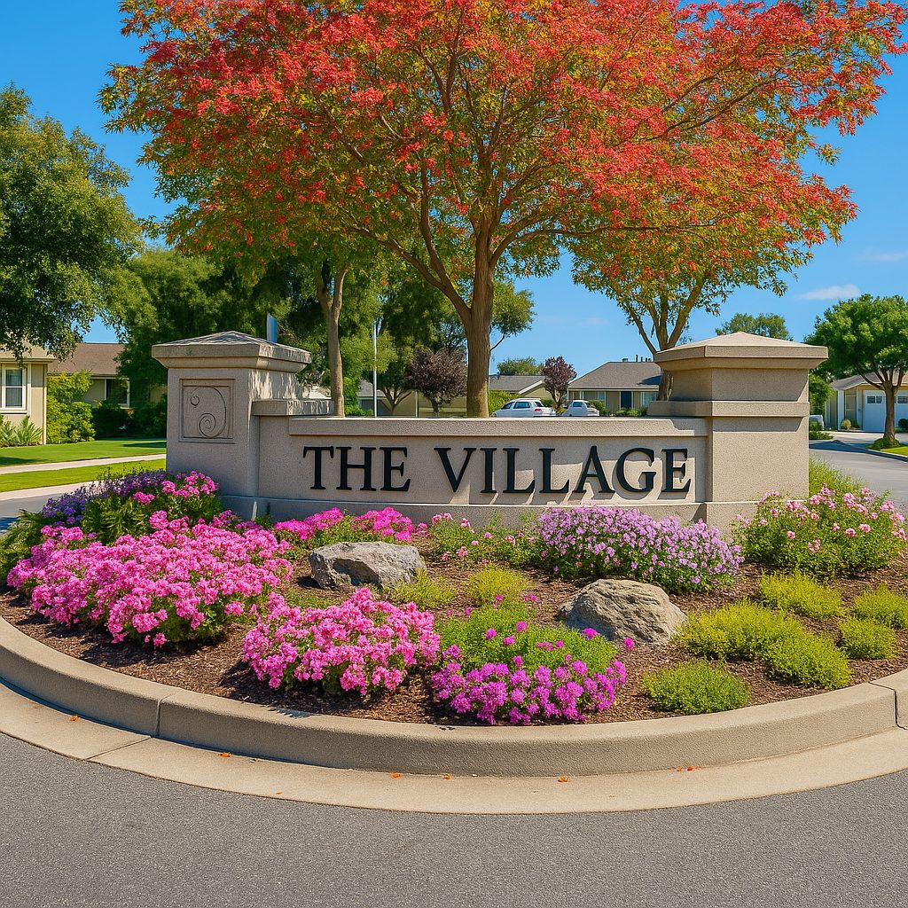 Top neighborhood for first-time homebuyers in San Mateo, featuring The Village entrance sign framed by fall trees and blooming flowers.